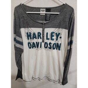 Harley-Davidson Womens XL Henley Chain Stitch Embroidered Rhinestone Button Top